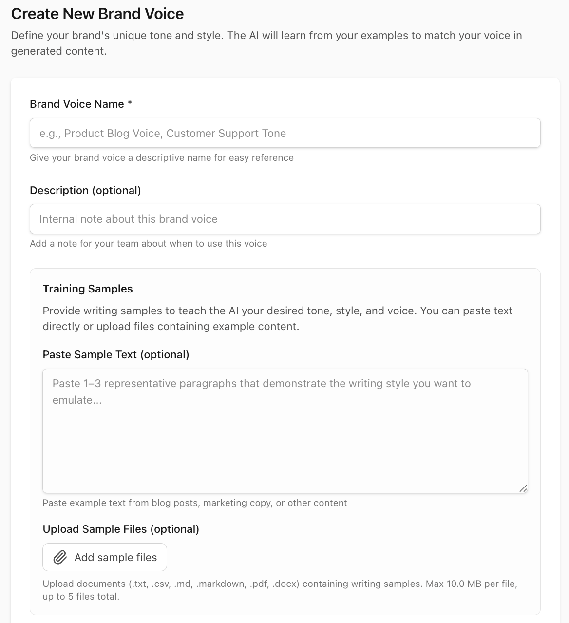 ImpressWriter 'Create New Brand Voice' form showing the Training Samples section — paste text or upload files to teach the AI your writing style