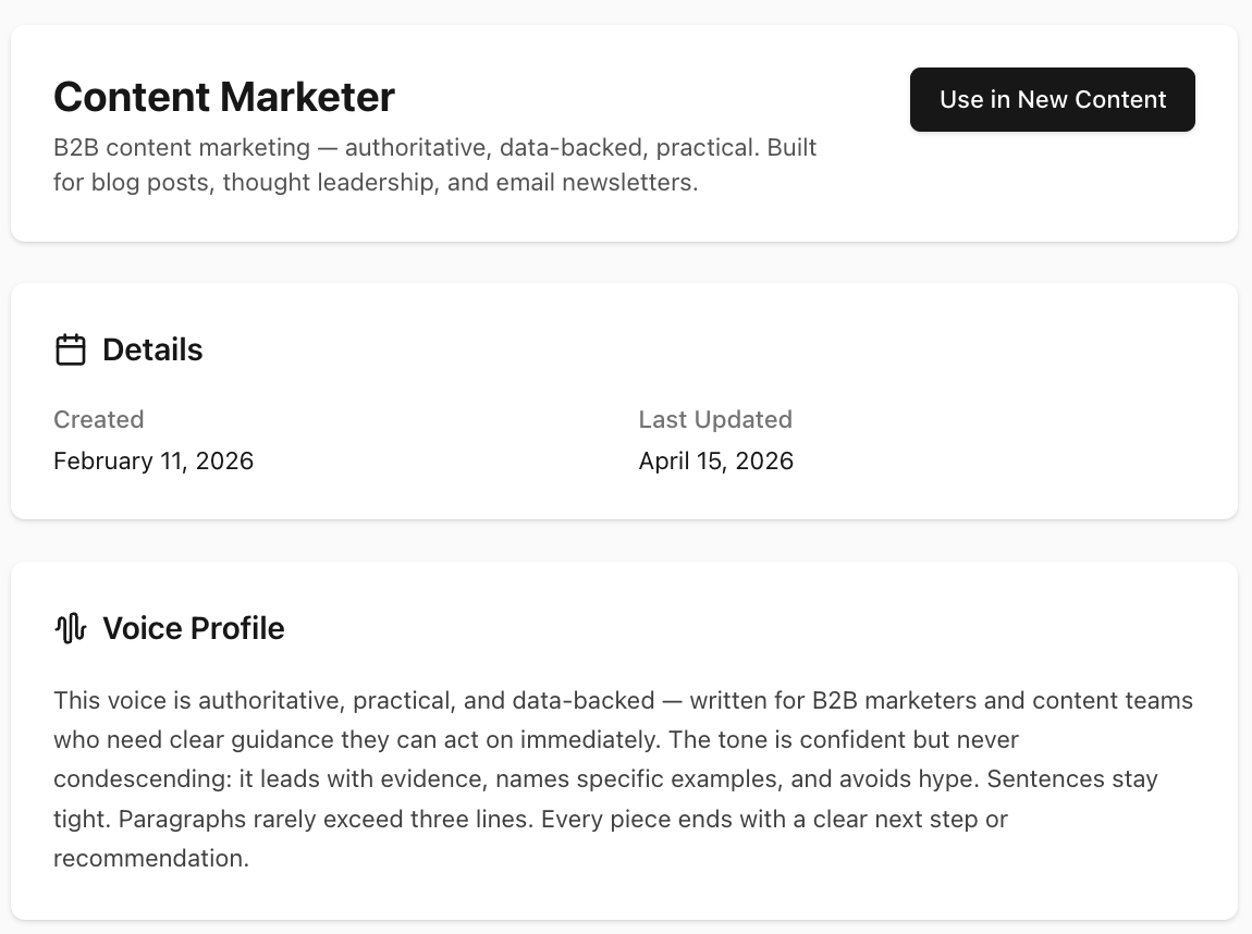 ImpressWriter brand voice detail page for 'Content Marketer' showing the Voice Profile summary card with AI-generated description