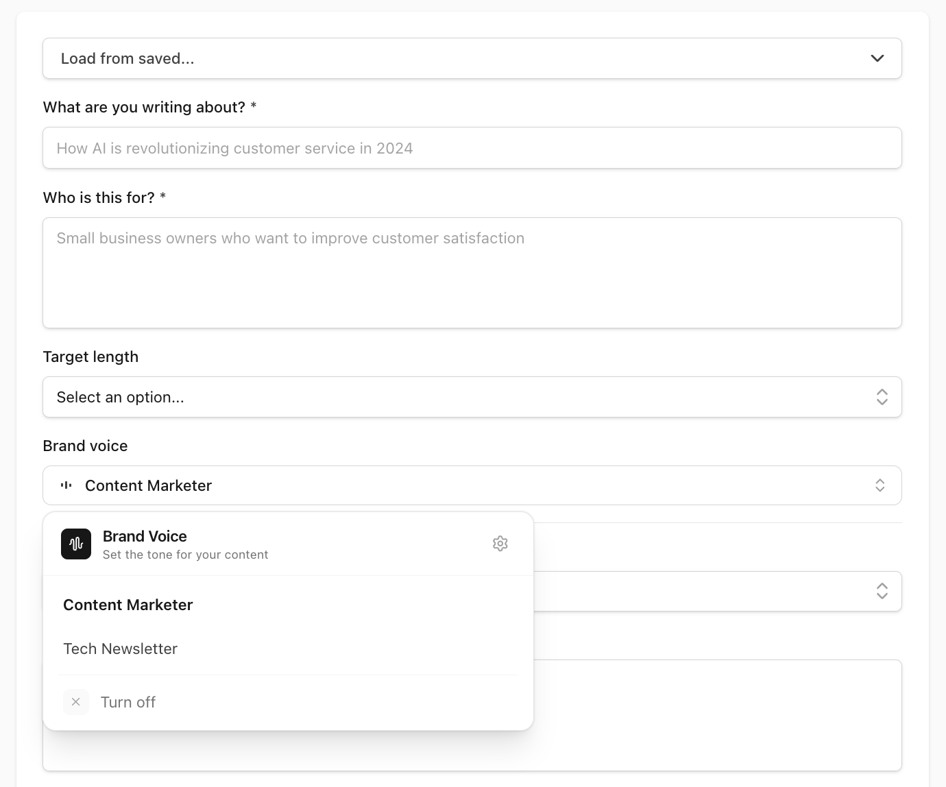 ImpressWriter new content form showing the Brand Voice dropdown open, with 'Content Marketer' and 'Tech Newsletter' available to select